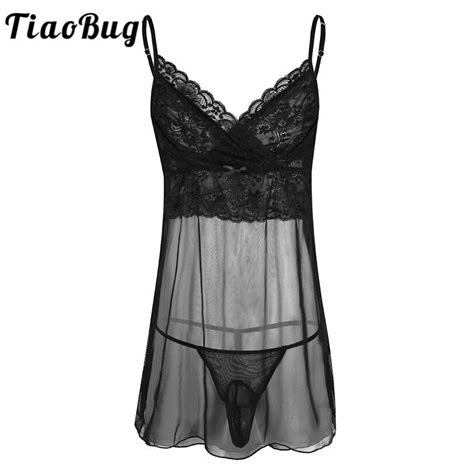 Tiaobug 2pcs Men Sleeveless Lace Mini Dress Lingerie With G String