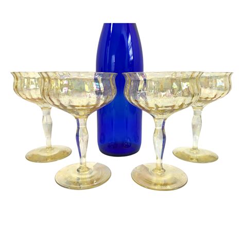 4 vintage depression glass champagne coupes four iridescent retro stemware yellow light