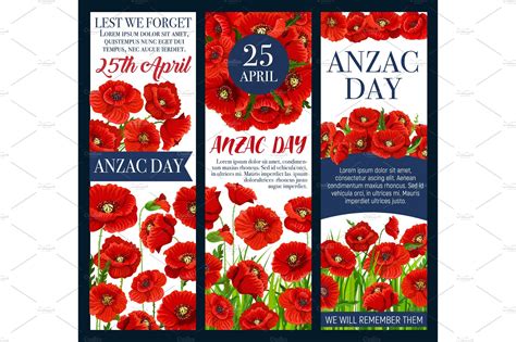 Anzac Day Lest We Forget Banner With Poppy Flower Illustrations