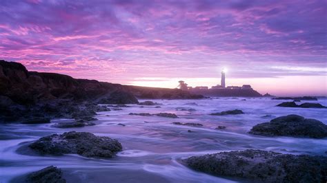 Purple Pink Sea Lighthouse Night Rocks Clouds Sky 1920x1080 Wallpaper Wallhavencc
