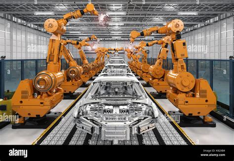 3d Rendering Robot Assembly Line In Car Factory Stock Photo Alamy