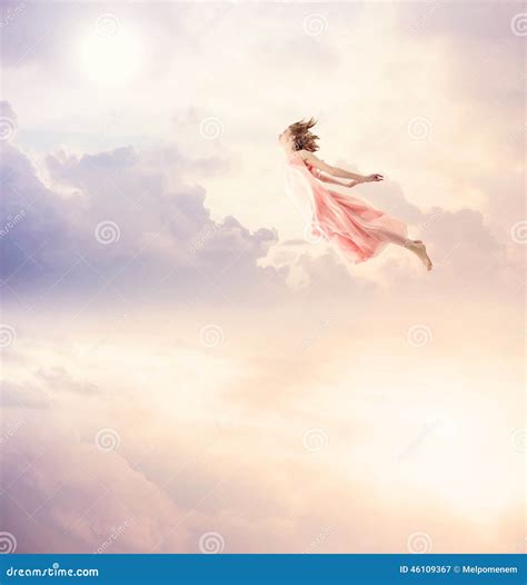 Girl In A Pink Dress Flying In The Sky Stock Image Image Of Light