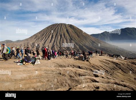Tourists Climbing To Crater Of Mount Bromo Active Volcano East Java