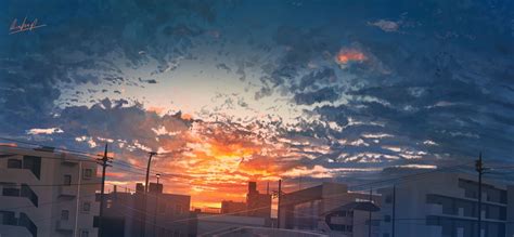 Wallpaper Anime City Sunset Buildings Free Pictures On Fonwall