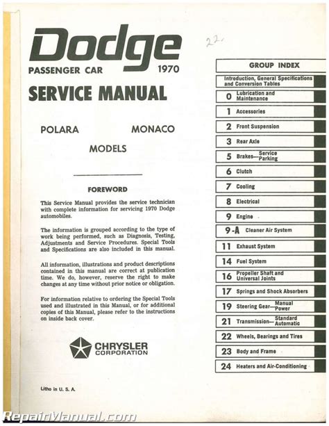 Used 1970 Dodge Polara Monaco Service Manual