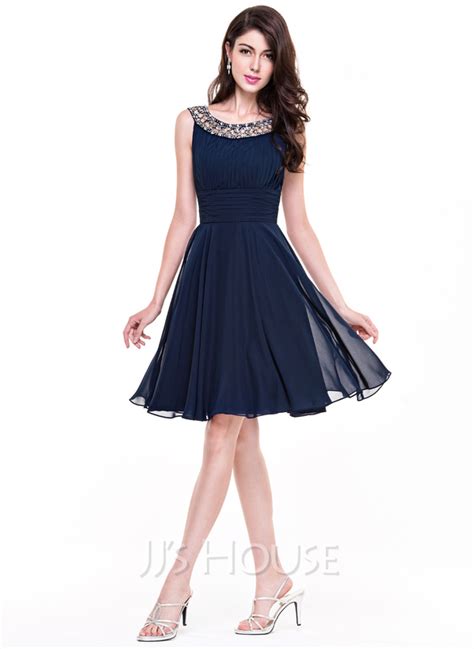 A Line Scoop Knee Length Chiffon Cocktail Dress With Beading Ruffle