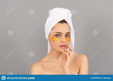 Sensual Lady With Terry Towel Use Facial Golden Eye Patch For Skin Hydrogel Stock Image Image