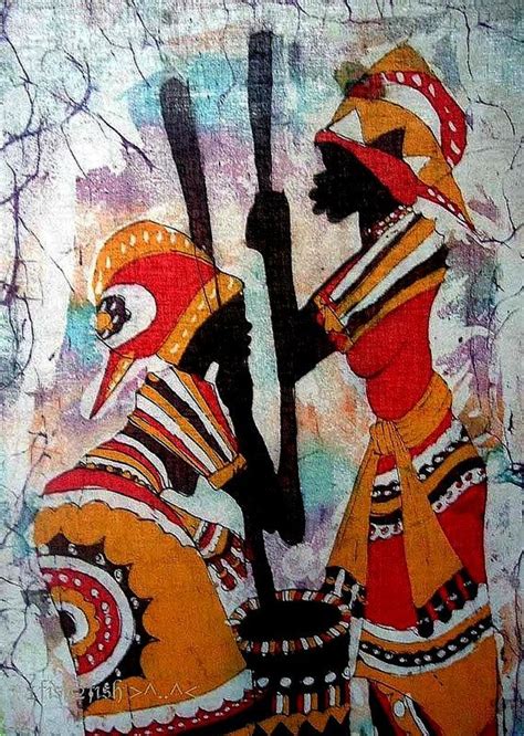 African Art Vintage Batik Painting Women Prepare Food Etsy African