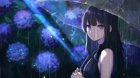 Anime Girl Purple Hair Flowers Umbrella Anime Hd Wall