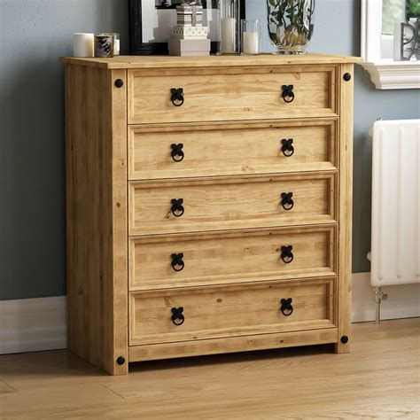 Corona 5 Drawer Chest Furniture Mexican Solid Pine Wood Waxed Rustic