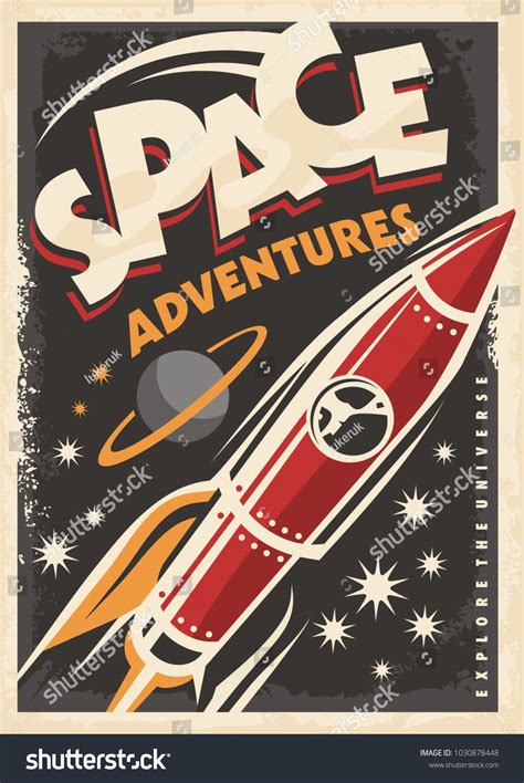 Space Adventures Retro Poster With Space Ship Rocket Exploring The Universe Retro Poster Space