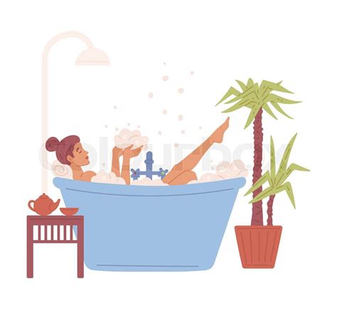 Cute Cartoon Woman Taking Bath In Bathtub Stock Vector Colourbox