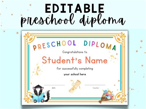 Editable Preschool Diploma Certificate Template Printable Etsy