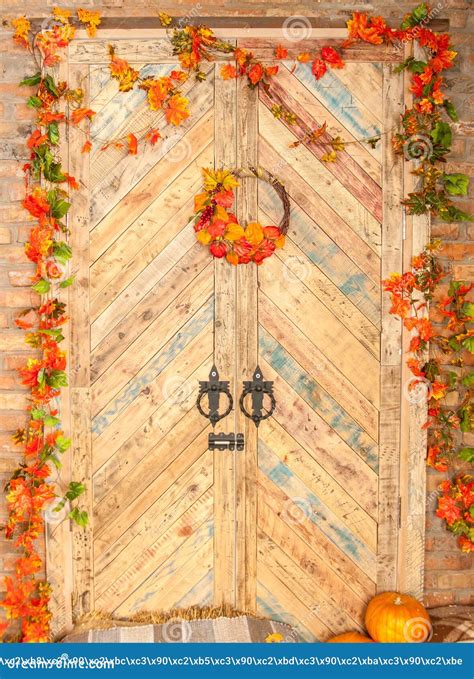 Wooden Doors With Autumn Yellow Leaves Pumpkins Autumn Stock Photo
