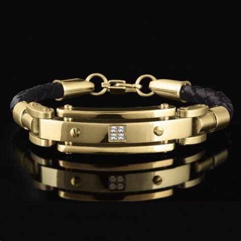Mens Gold And Leather Bracelet Timepieces International Mens Gold