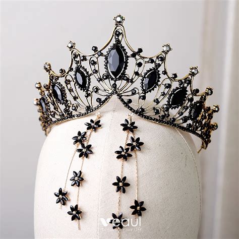 vintage retro baroque black crystal gold metal tiara 2019 alloy tassel earrings bridal jewelry