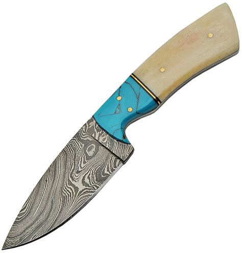 Dm1186 Damascus Steel Fixed Blade Hunting Knife Turquoise And Bone Handles