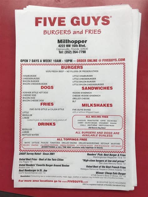 Menu At Five Guys Fast Food Gainesville Nw 16th Blvd