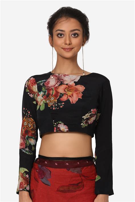 Buy Yam India Black Crepe Blend Floral Print Blouse Online Aza Fashions