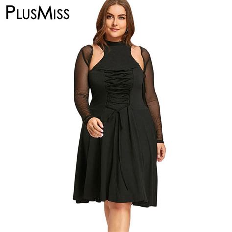 Plusmiss Plus Size 5xl Sheer Lace Up Cut Out Vintage Dress Women Long