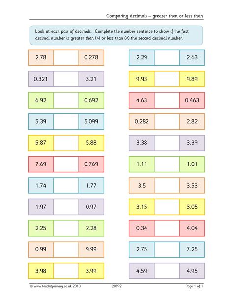 Comparing Decimals Greater Than Or Less Than Ks2 Number Teachit