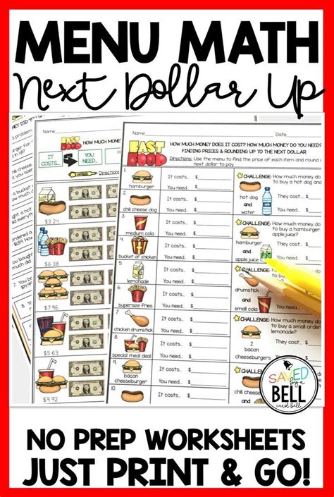 Worksheets are grouped into sections: Next Dollar Up Worksheets and Word Problems Menu Math ...