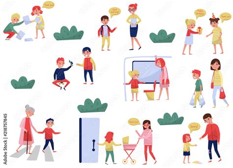Flat Vector Set Of Polite Children In Different Situations Kids With