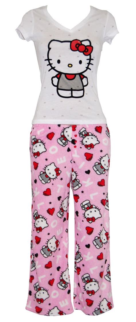 Hello Kitty Comfort Chic White Tee And Pink Fleece Pants Cute Pjs Cute