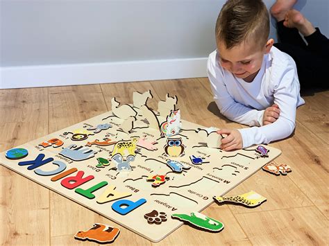 This kind of printable alphabet puzzles teach kids to recognize uppercase and lowercase letters as well as help them learn their first english words. Wooden Alphabet Name Puzzle for Toddlers | Montessori baby ...
