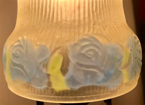 Antique Victorian Frosted Glass Lamp Shade With Blue Hand Painted Flowers