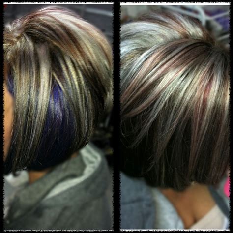 Platinum blonde and red highlights dark brown base purple peek aboo Red