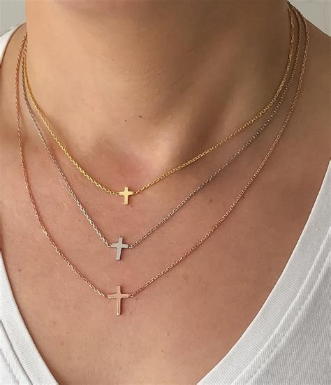 14K Solid Gold Dainty Cross Necklace Dainty Gold Necklace Etsy