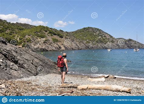 Hiker Woman In The Cap De Creus On The La Taballera Beach Costa Brava Girona Province