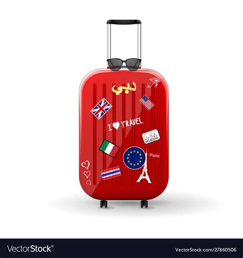 Travel Bag With Stickers Red Glossy Suitcase Vector Image
