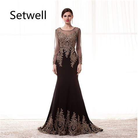 Setwell Vintage Long Sleeve Evening Dresses Sexy Illusion Backless
