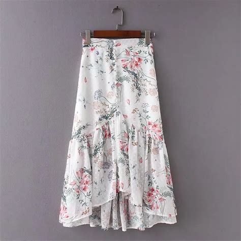 Women Floral Print Boho Chic White Beach Long Skirt Summer Bohemian High Waist Maxi Ruffles