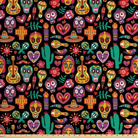 Day Of The Dead Fabric By The Yard Continuous Sugar Skull Flowers