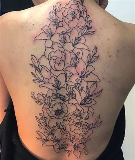 Floral Outline Back Tattoo Spine Tattoos Floral Back Tattoos Back