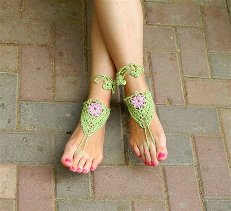 Green Crochet Sandals Barefoot Sandals With Pink Flower Beach Wedding