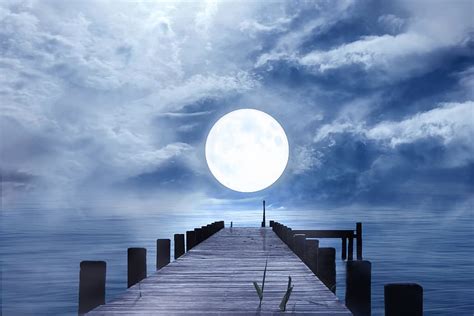 Hd Wallpaper Sea Dock Facing The Ocean And Full Moon Good Night
