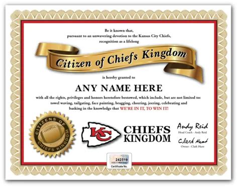 Kansas City Chiefs Kingdom Nfl Football Fan Certificate Diploma Man