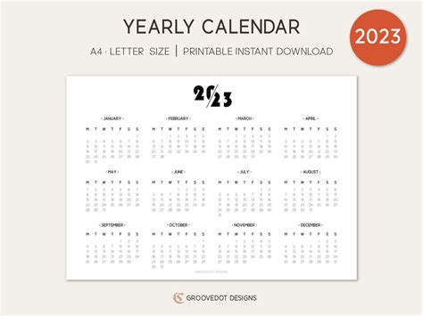2023 Yearly Calendar Landscape Printable Year Calendar Template