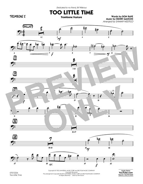 Henry Mancini Too Little Time Arr Sammy Nestico Conductor Score Full Score Trombone 2