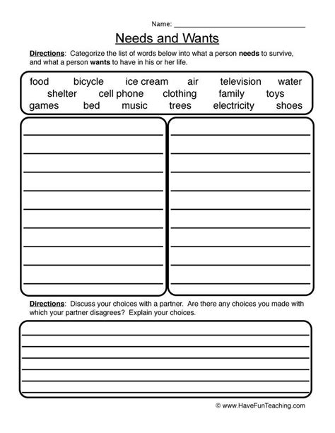 Free Printable Wants Vs Needs Worksheet