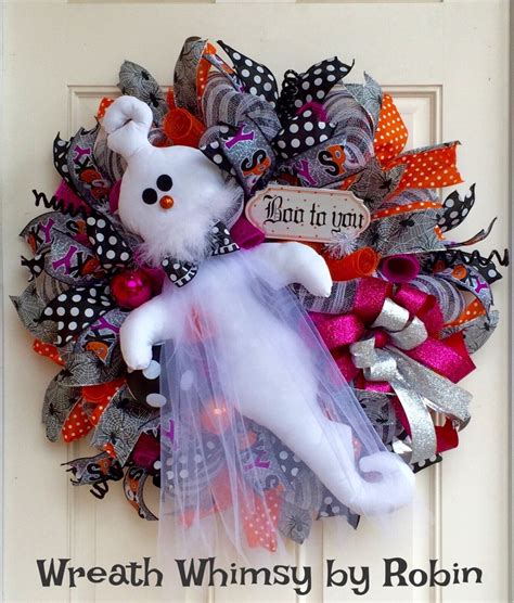 Halloween Deco Mesh Ghost Wreath In Pink Orange And Grey Fall Wreath