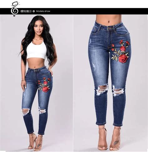 Black Embroidery Jeans Mid Waist Ripped Slim Skinny Jeans Woman Push Up Fashion All Matches