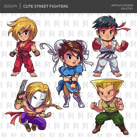Cute Chibi Fighter Characters Clipart Bundle Video Game Digital