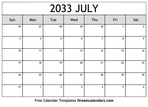 July 2033 Calendar Free Blank Printable With Holidays