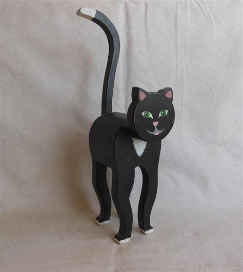 Vintage Handmade 16 In Wood Black Cat Wooden Feline Folk Art Hand
