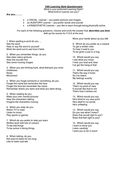 Vak Learning Style Questionnaire | Teaching & education | Pinterest | Learning styles ...